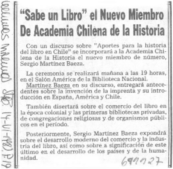 "Sabe un libro" el nuevo miembro de Academia Chilena de la Historia.