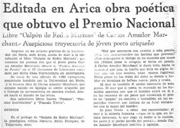 Editada en Arica obra poética que obtuvo el Premio Nacional.