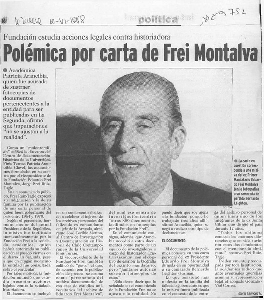 Polémica por carta de Frei Montalva  [artículo] Gloria Faúndez H.
