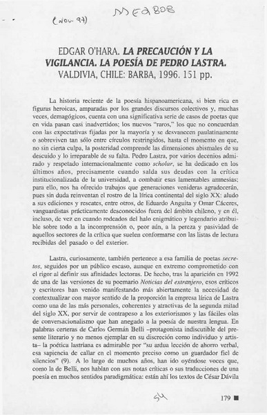 La Precaución y la vigilancia, la poesía de Pedro Lastra  [artículo].