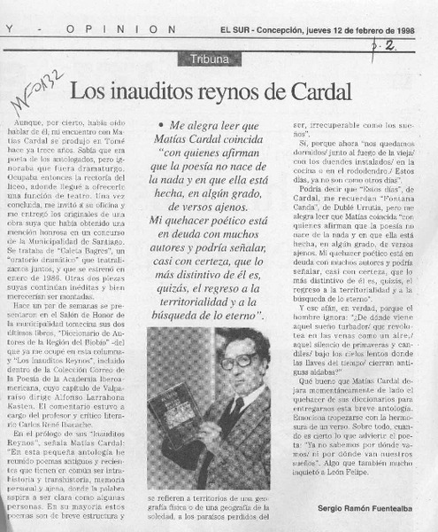 Los inauditos reynos de Cardal  [artículo] Sergio Ramón Fuentealba.