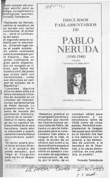 Discursos parlamentarios de Pablo Neruda  [artículo] Volodia Teitelboim.
