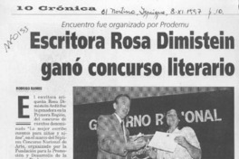Escritora Rosa Dimistein ganó concurso literario  [artículo] Rodrigo Ramos.
