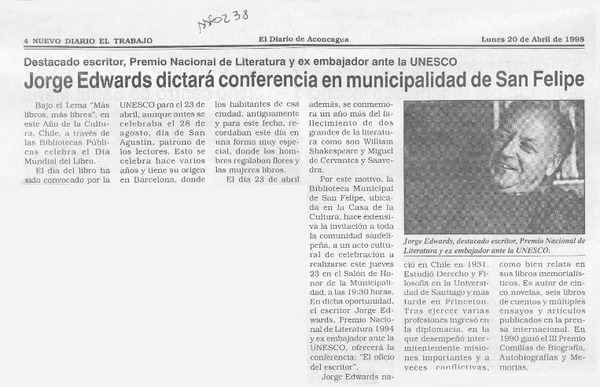 Jorge Edwards dictará conferencia en municipalidad de San Felipe  [artículo].