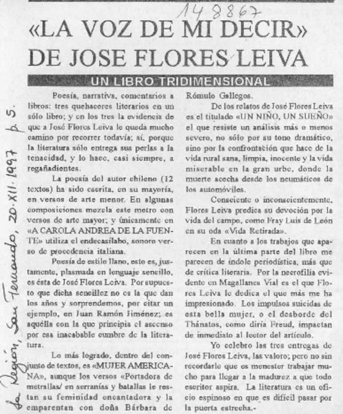 "La voz de mi decir" de José Flores L., un libro tridimensional  [artículo] César Augusto de León Morales.