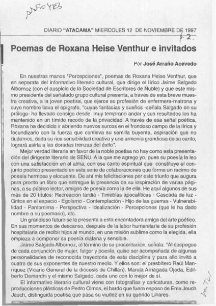 Poemas de Roxana Heise Venthur e invitados  [artículo] José Arraño Acevedo.