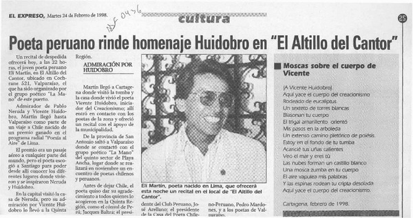 Poeta peruano rinde homenaje Huidobro en "El altillo del cantor"