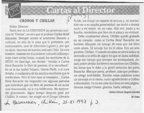 Cronos y Chillán  [artículo] Jaime Gómez Rogers.