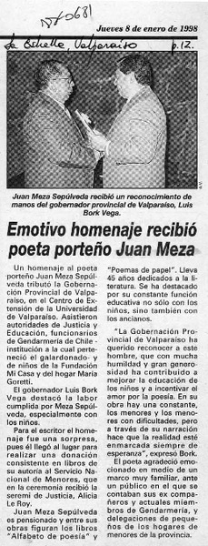 Emotivo homenaje recibió poeta porteño Juan Meza  [artículo].