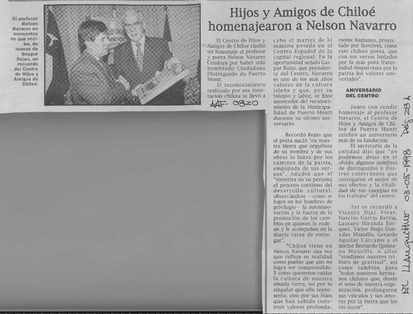Hijos y amigos de Chiloé homenajearon a Nelson Navarro  [artículo].