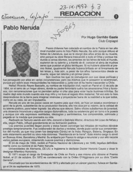 Pablo Neruda  [artículo] Hugo Garrido Gaete.