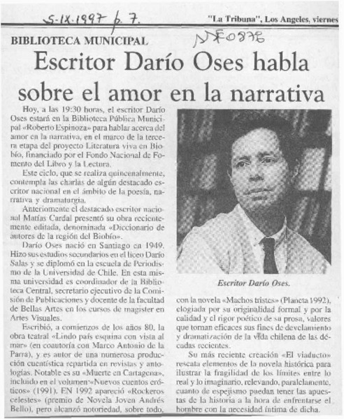 Escritor Darío Oses habla sobre el amor en la narrativa  [artículo].