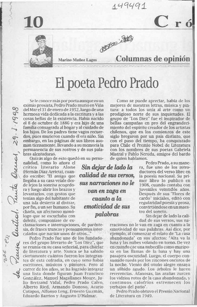 El poeta Pedro Prado  [artículo] Marino Muñoz Lagos.