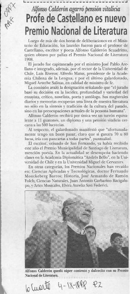 Profe de Castellano es nuevo Premio Nacional de Literatura  [artículo].