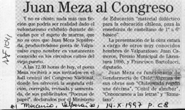 Juan Meza al Congreso  [artículo].