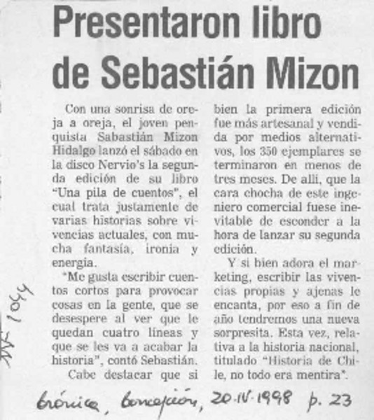 Presentaron libro de Sebastián Mizon  [artículo].