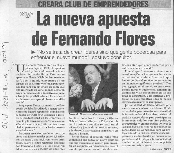 La nueva apuesta de Fernando Flores  [artículo] Catalina Allendes.