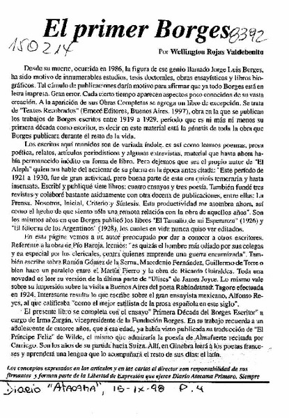 El primer Borges  [artículo] Wellington Rojas Valdebenito.