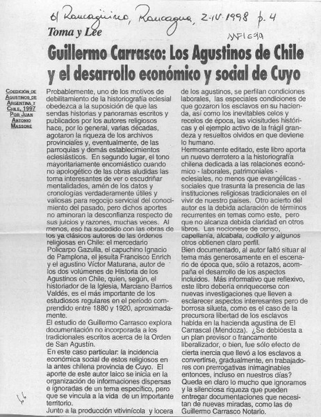 Guillermo Carrasco, Los Agustinos de Chile y el desarrollo económico y social de Cuyo  [artículo] Juan Antonio Massone.