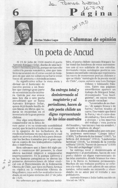 Un poeta de Ancud  [artículo] Marino Muñoz Lagos.