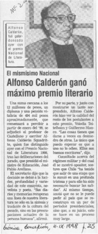 Alfonso Calderón ganó máximo premio literario