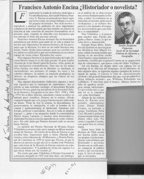 Francisco Antonio Encina, historiador o novelista?  [artículo] Zenón Jorquera Rojas.
