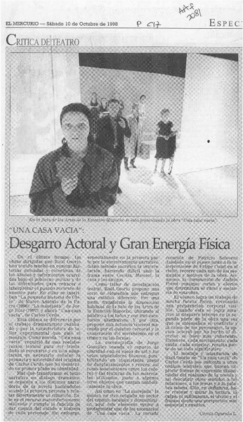 "Una casa vacía", desgarro actoral y gran energía física  [artículo] Carola Oyarzún L.
