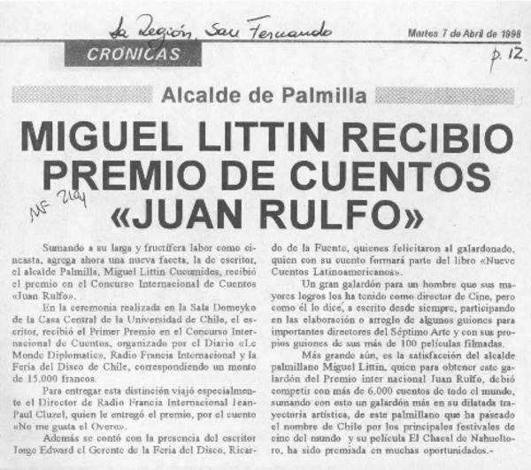 Miguel Littin recibió Premio de cuentos "Juan Rulfo"  [artículo].