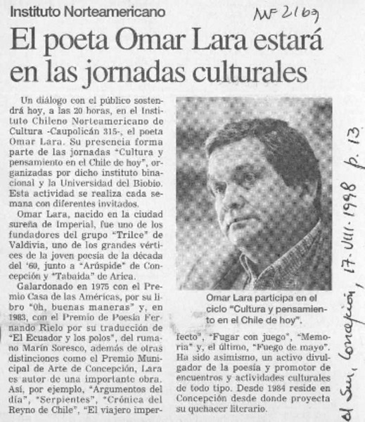 El Poeta Omar Lara estará en las jornadas culturales