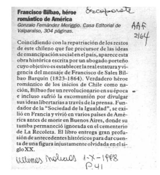 Francisco Bilbao, héroe romántico de América  [artículo].