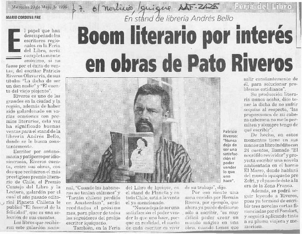 Boom literario por interés en obras de Pato Riveros  [artículo] Mario Córdova Fre.