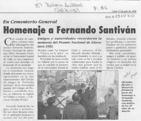 Homenaje a Fernando Santiván  [artículo].