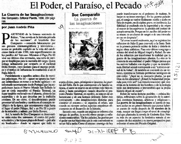 El poder, el paraíso, el pecado  [artículo] Juan Andrés Piña.