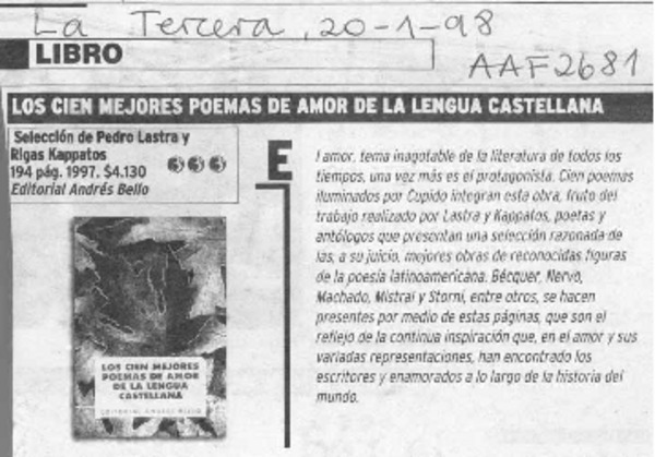 Los cien mejores poemas de amor de la lengua castellana  [artículo].