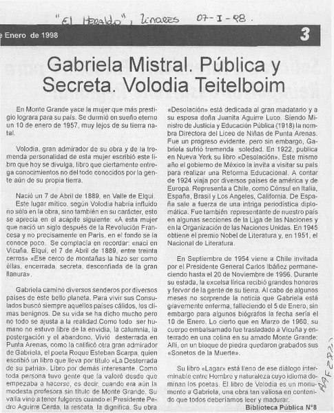 Gabriela Mistral, pública y secreta  [artículo].