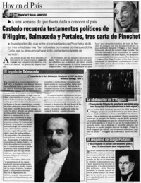 Castedo recuerda testamentos políticos de O'Higgins, Balmaceda y Portales, tras carta de Pinochet