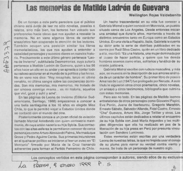 Las memorias de Matilde Ladrón de Guevara  [artículo] Wellington Rojas Valdebenito.