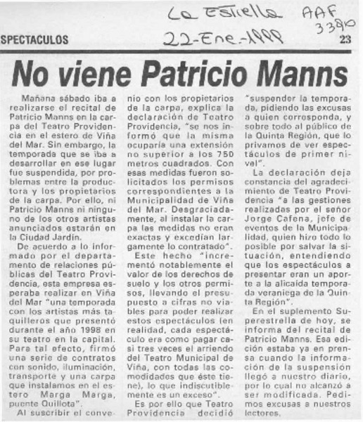 No viene Patricio Manns  [artículo].