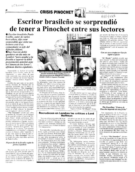 Escritor brasileño se sorprendió de tener a Pinochet entre sus lectores  [artículo].