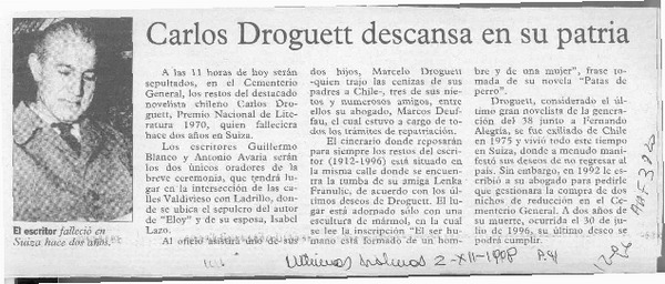 Carlos Droguett descansa en su patria  [artículo].