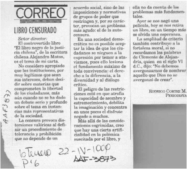 Libro censurado  [artículo] Rodrigo Cortez M.