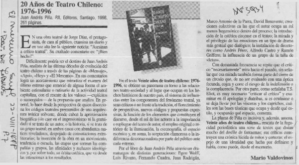 20 años de teatro chileno, 1976-1996  [artículo] Mario Valdovinos.