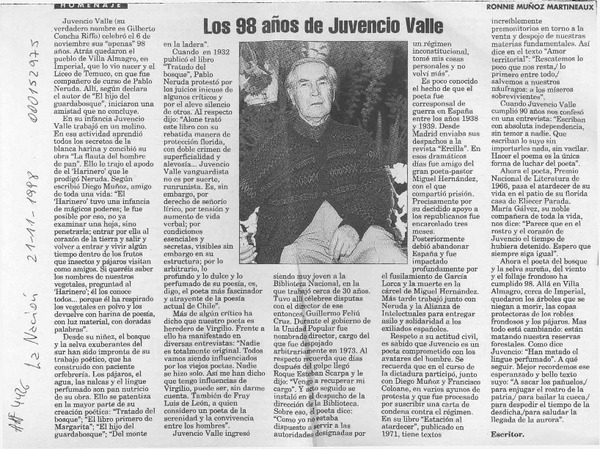 Los 98 años de Juvencio Valle  [artículo] Ronnie Muñoz Martineaux.