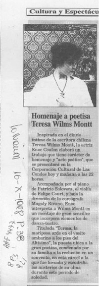 Homenaje a poetisa Teresa Wilms Montt  [artículo].