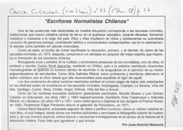 "Escritores normalistas chilenos"  [artículo] Juan Antonio Massone.