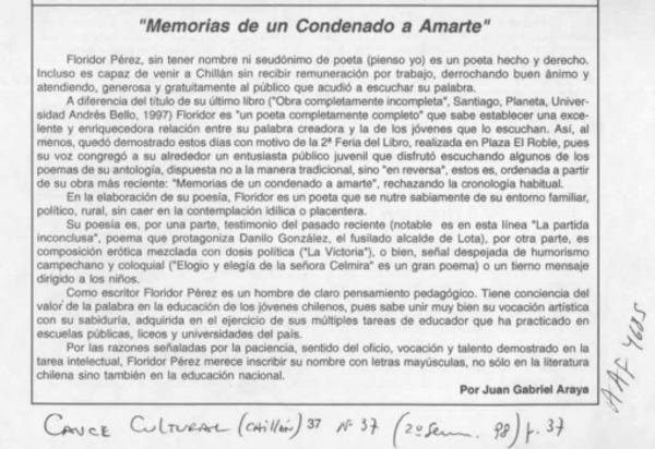 "Memorias de un condenado a amarte"  [artículo] Juan Gabriel Araya.