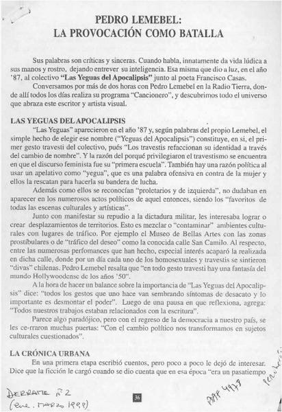 Pedro Lemebel, la provocación como batalla  [artículo] Rodrigo Hernández.