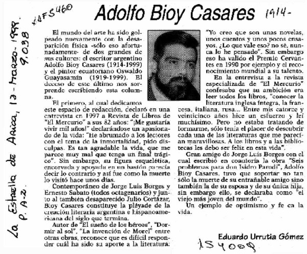 Adolfo Bioy Casares  [artículo] Eduardo Urrutia Gómez.