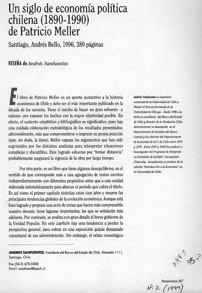 Un siglo de economía política chilena (1890-1990)  [artículo] Andrés Sanfuentes.