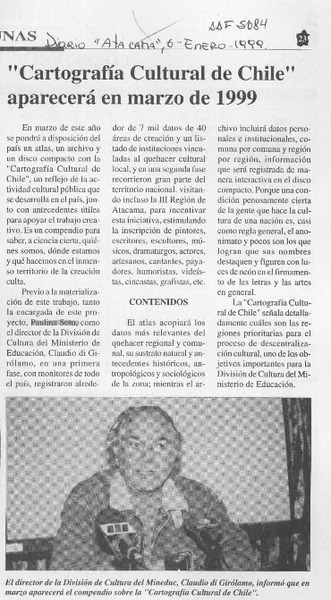"Cartografía cultural de Chile" aparecerá en marzo de 1999  [artículo].